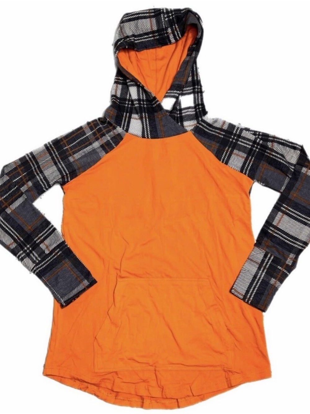 LuLaRoe Amber Orange Hoodie with Black & Gray Plaid Trim